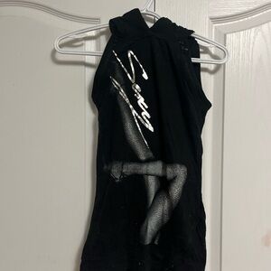 Joshua Perets Black Sleeveless Graphic “Sexy Legs” Top with hood